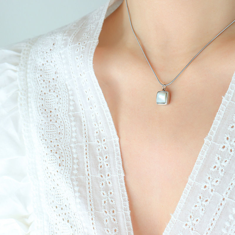 Stainless Steel Gold-Plated Square White Seashell Pendant Necklace