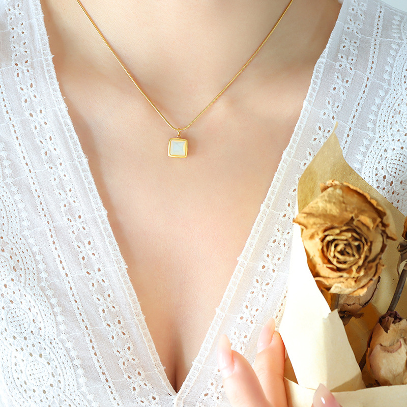 Stainless Steel Gold-Plated Square White Seashell Pendant Necklace
