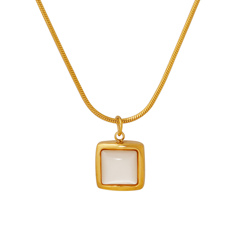 Stainless Steel Gold-Plated Square White Seashell Pendant Necklace