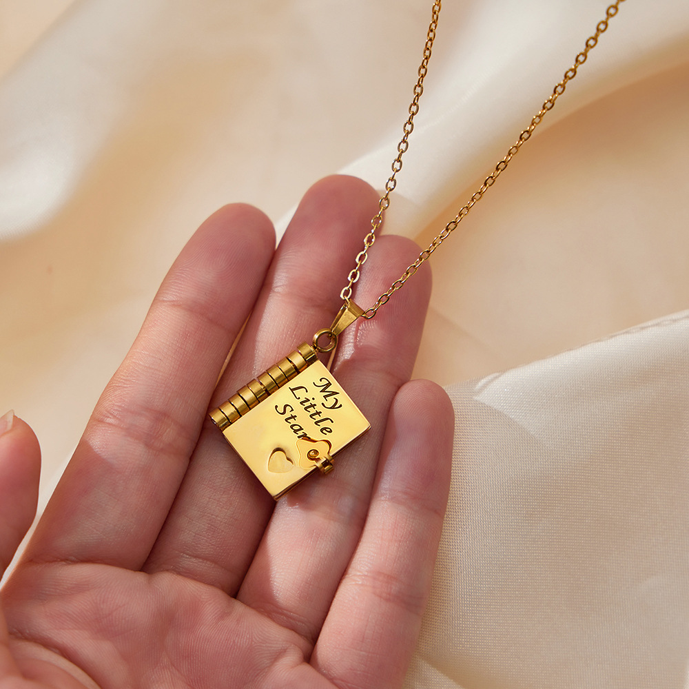 Stainless Steel Gold Plated Book Locket Necklace