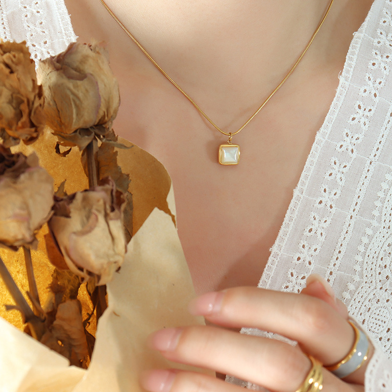 Stainless Steel Gold-Plated Square White Seashell Pendant Necklace