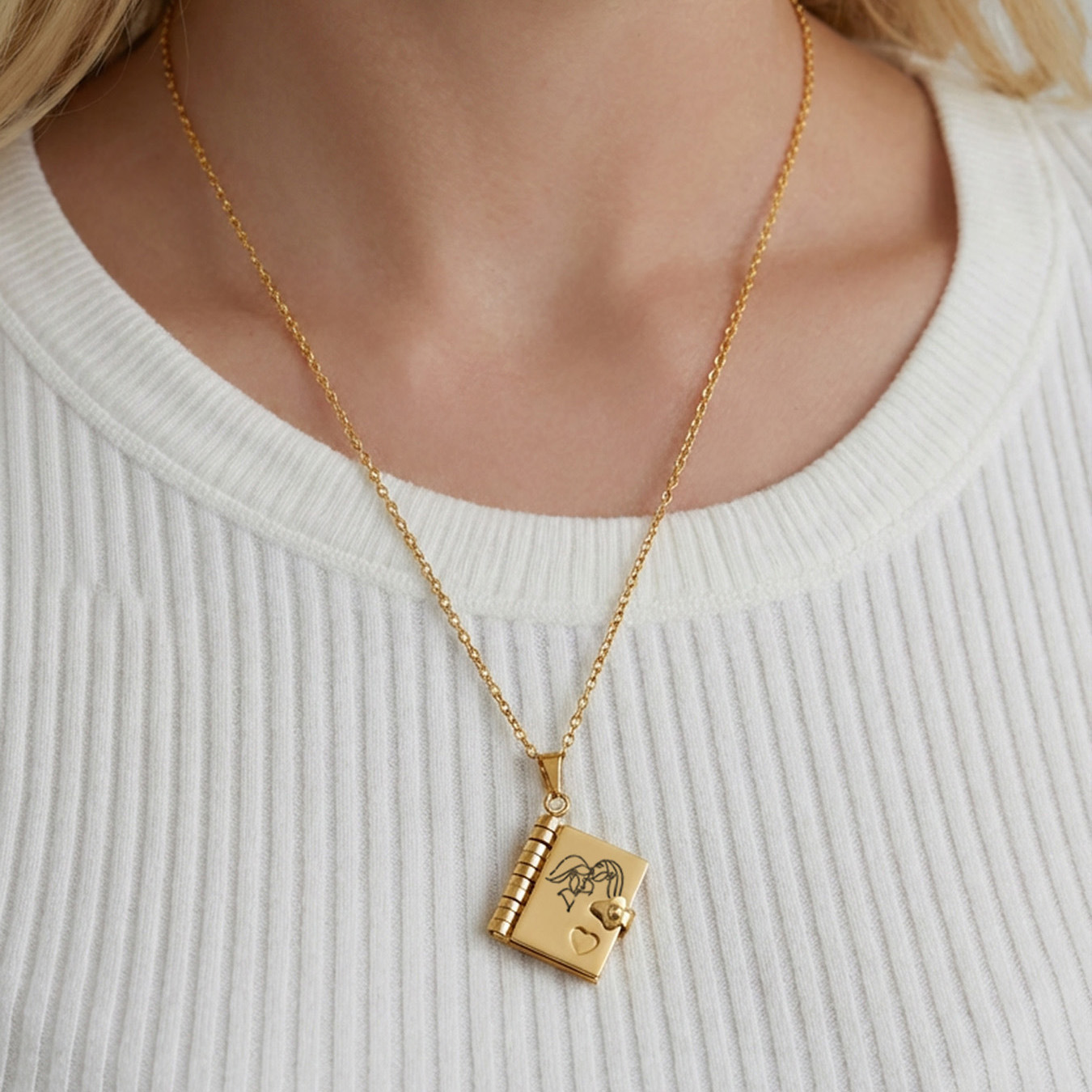 Stainless Steel Gold Plated Book Locket Necklace