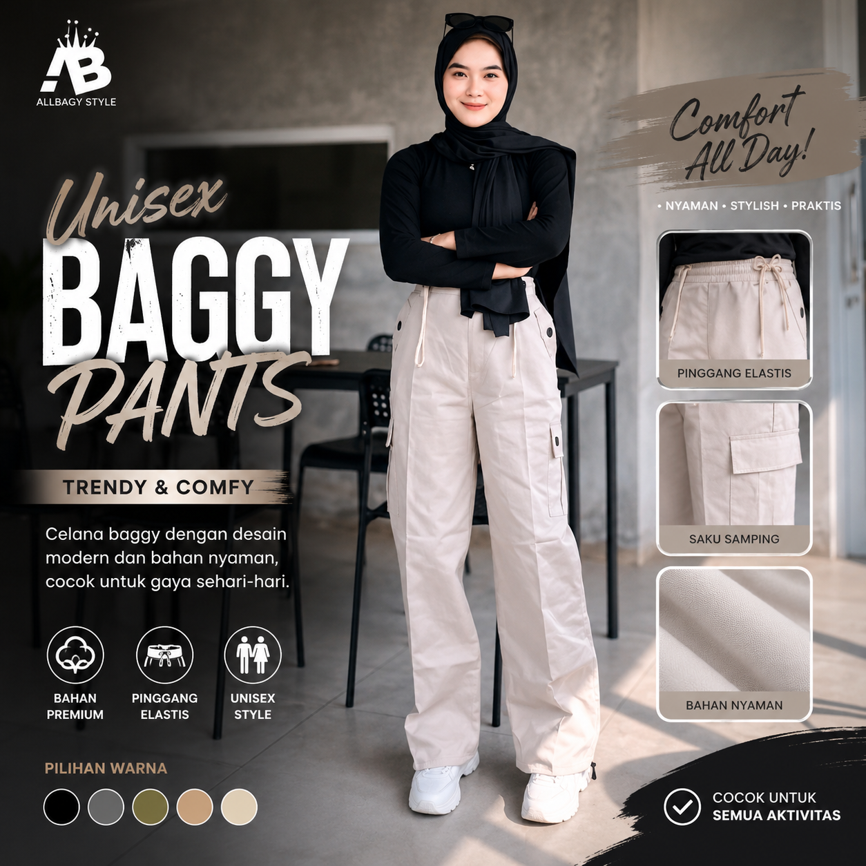 Jessie Pants Celana Cargo Korean Style Tali Kancing Kulot Panjang Loose Wanita Casual Katun Linen Airflow Crinkle