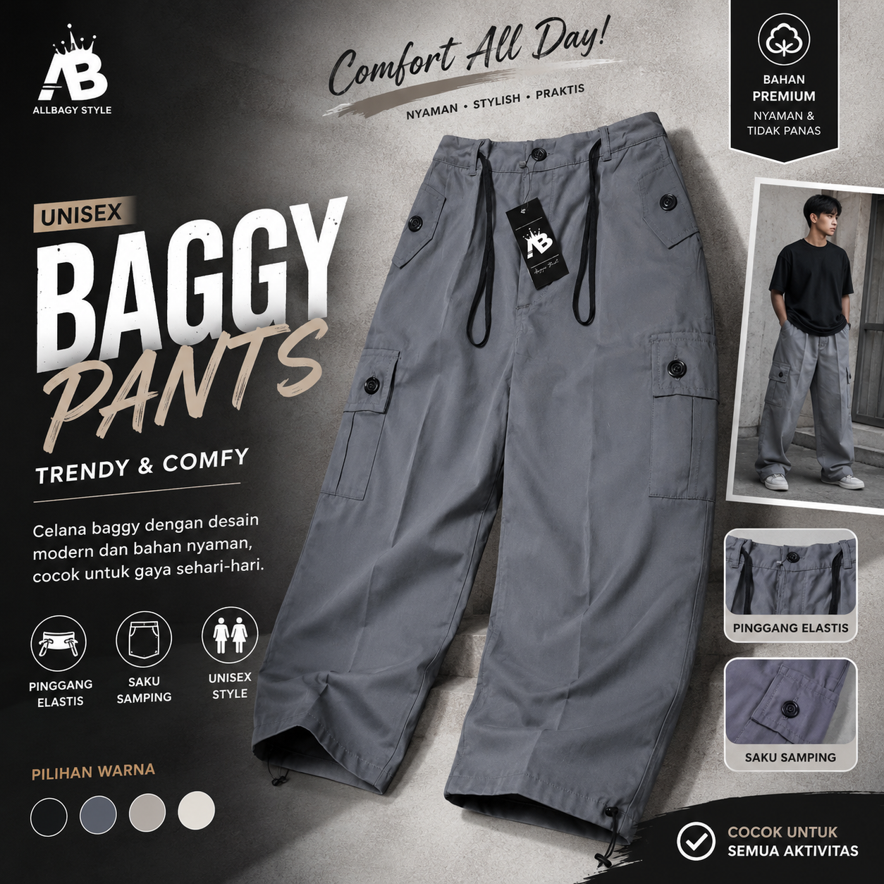Jessie Pants Celana Cargo Korean Style Tali Kancing Kulot Panjang Loose Wanita Casual Katun Linen Airflow Crinkle