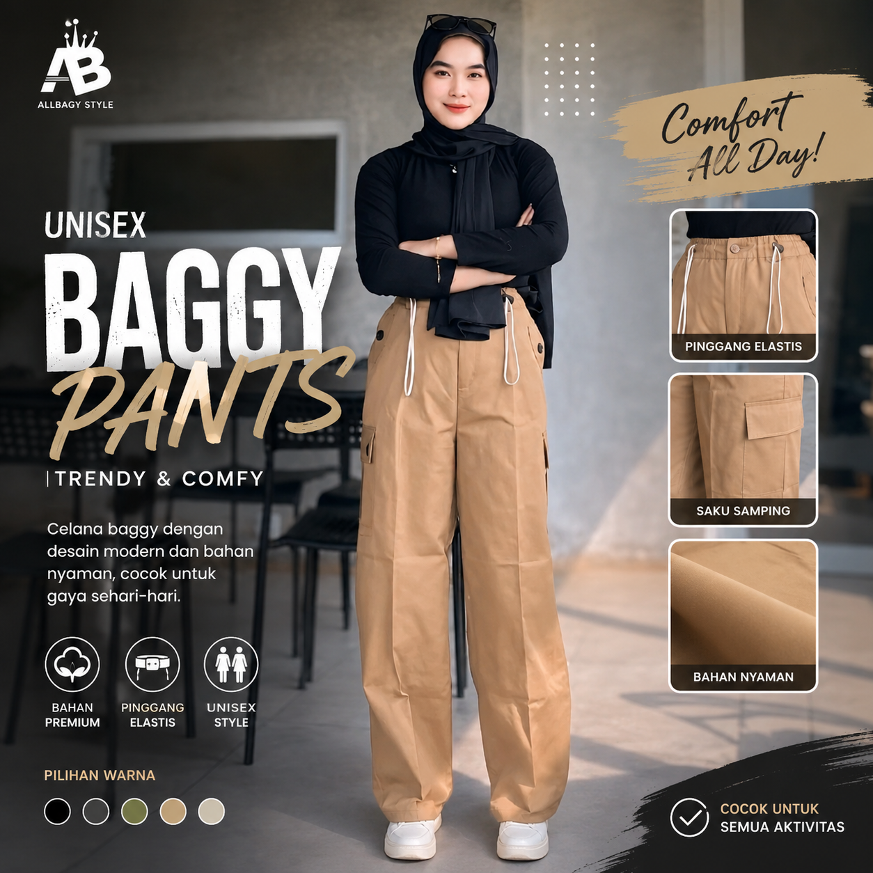 Jessie Pants Celana Cargo Korean Style Tali Kancing Kulot Panjang Loose Wanita Casual Katun Linen Airflow Crinkle