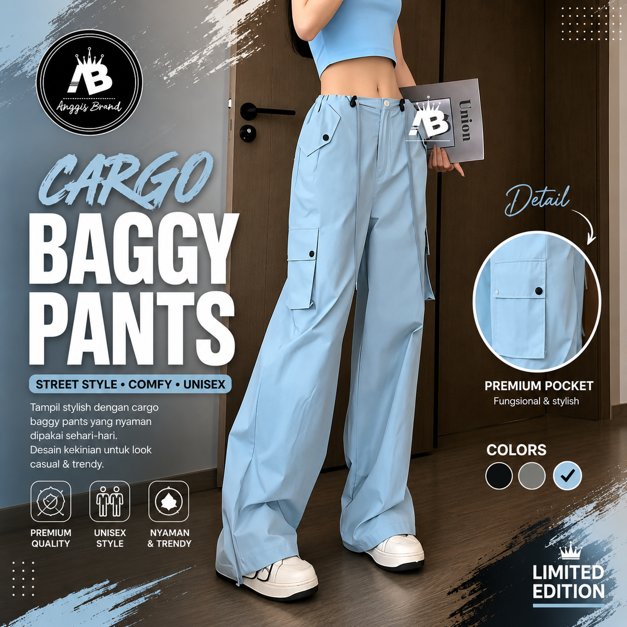 Jessie Pants Celana Cargo Korean Style Tali Kancing Kulot Panjang Loose Wanita Casual Katun Linen Airflow Crinkle