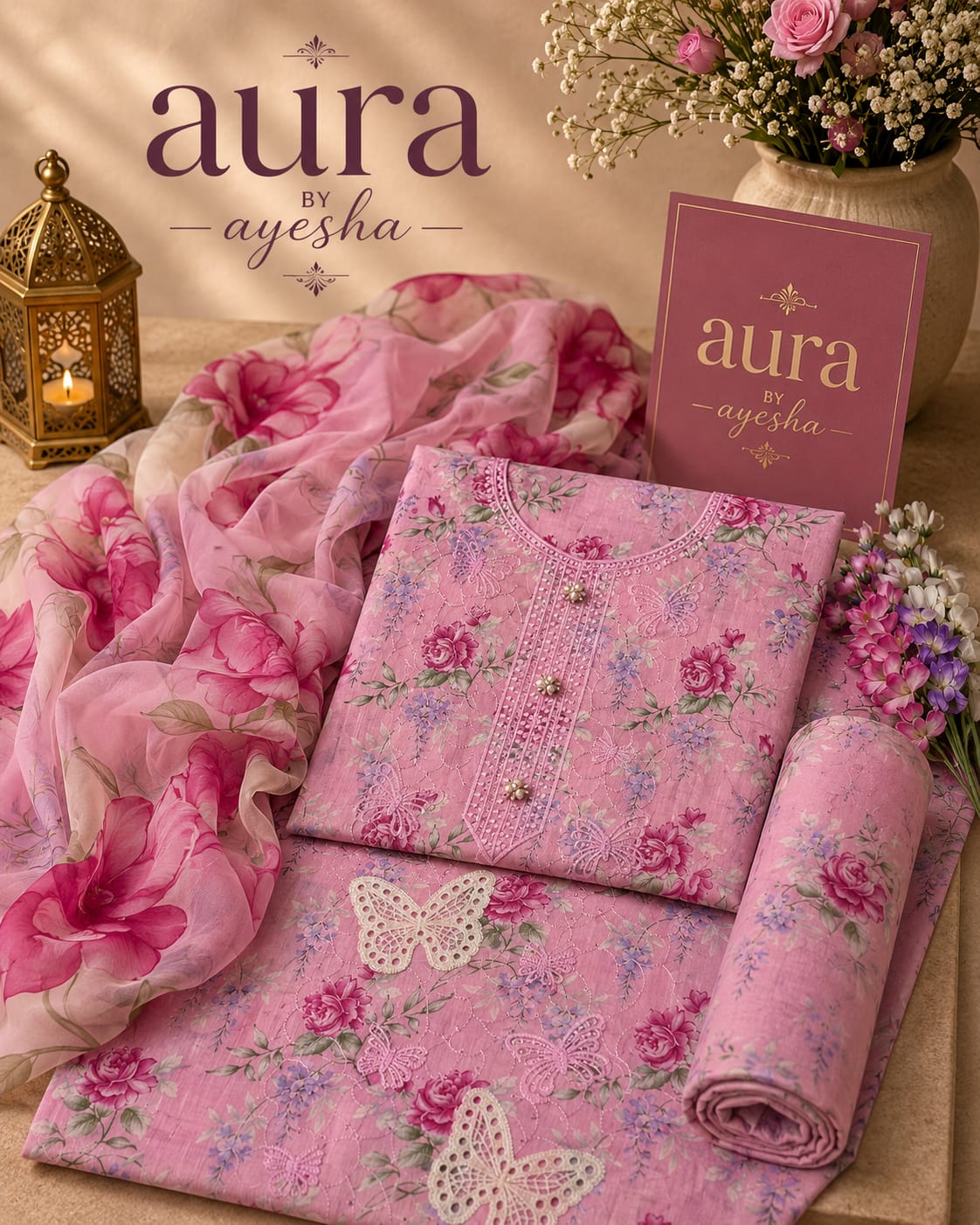 3PC EMBROIDED ALLOVER WITH A PERFECT COMBO OF PAINT ON IT FESTIVE LAWN COLLECTION REPLICA