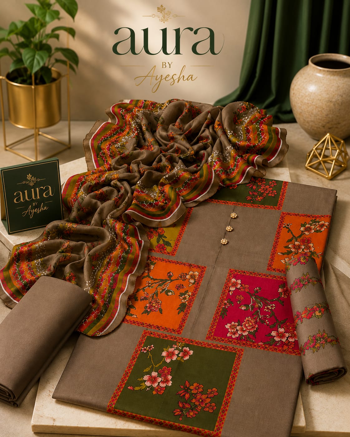 3PC CHARIZMA SAND-BROWN DIGITAL PRINTED LAWN COLLECTION REPLICA 