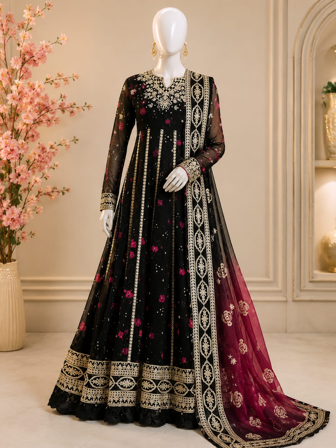 3PC UNSTITCHED ORGANZA EMBROIDED PATCHES + KALI DAR PESHWAS LAWN PRINTED ALL OVER PATCHES