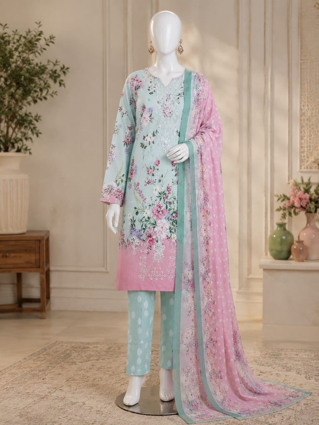 3PC UNSTITCHED TWO TONED EMBROIDED ALL OVER LAWN COLLECTION BIN SAEED LAWN