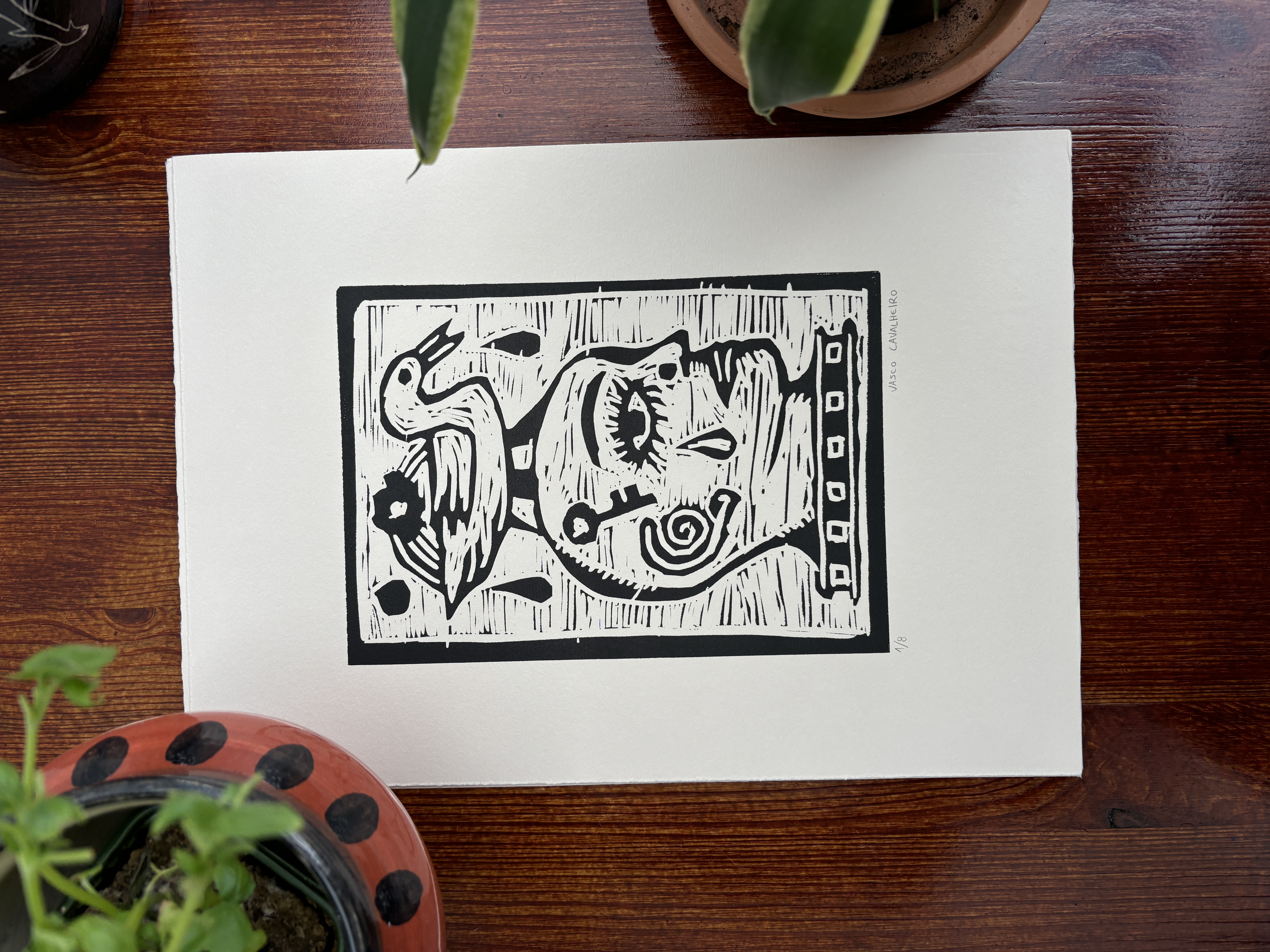 Face & Bird Linocut Print