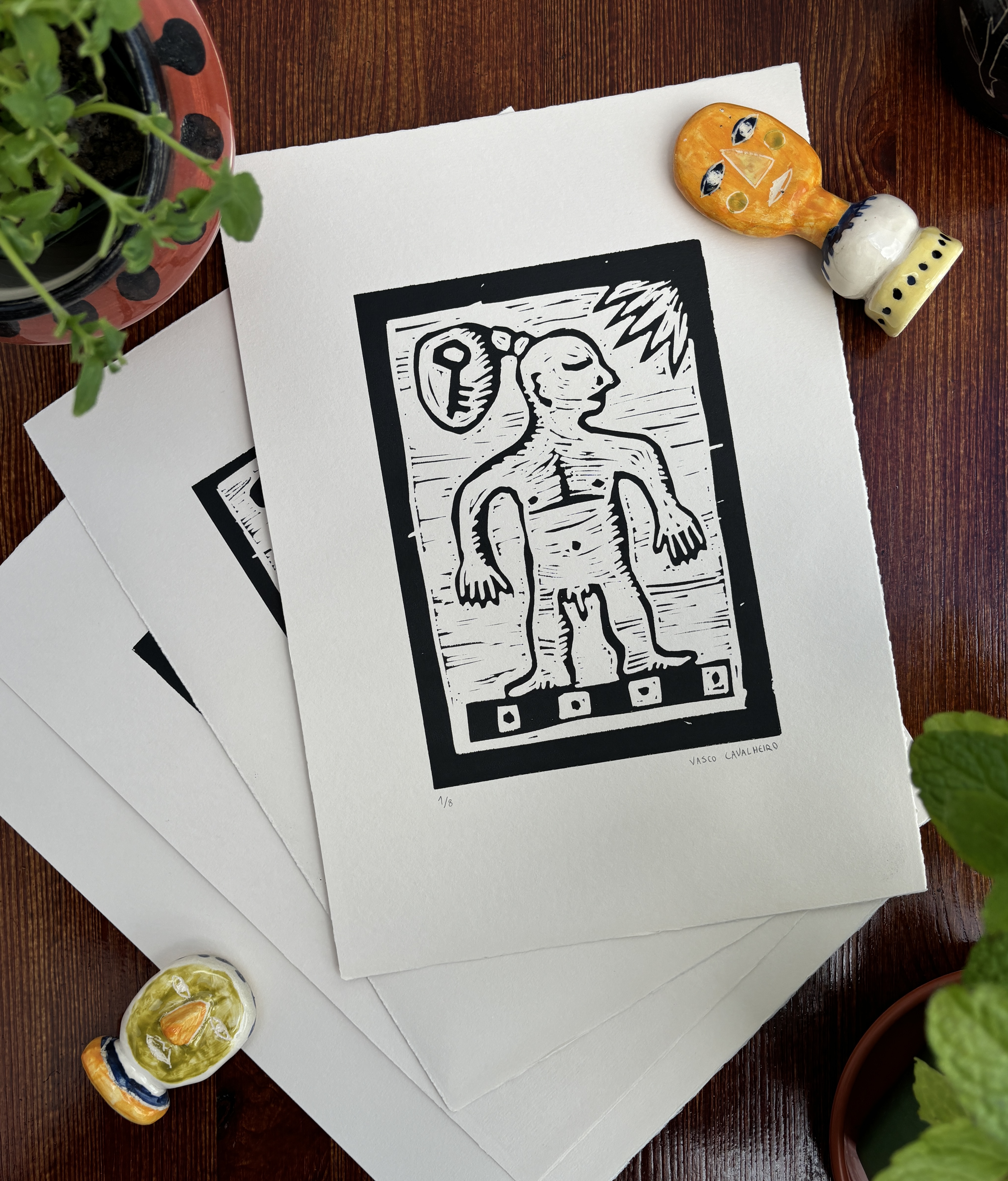 Thinking About the Key Linocut Print