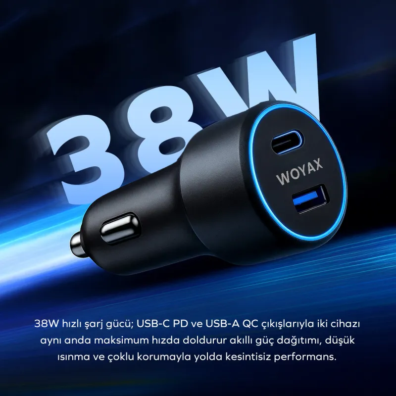 Woyax Araç Şarj Aleti Çakmaklık Type-C + USB Girişli Kablolu Set 38W Hızlı Şarj