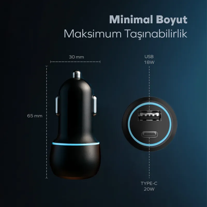 Woyax Araç Şarj Aleti Çakmaklık Type-C + USB Girişli Kablolu Set 38W Hızlı Şarj