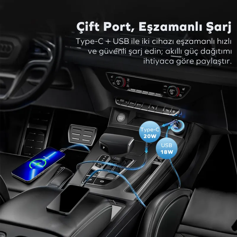 Woyax Araç Şarj Aleti Çakmaklık Type-C + USB Girişli Kablolu Set 38W Hızlı Şarj