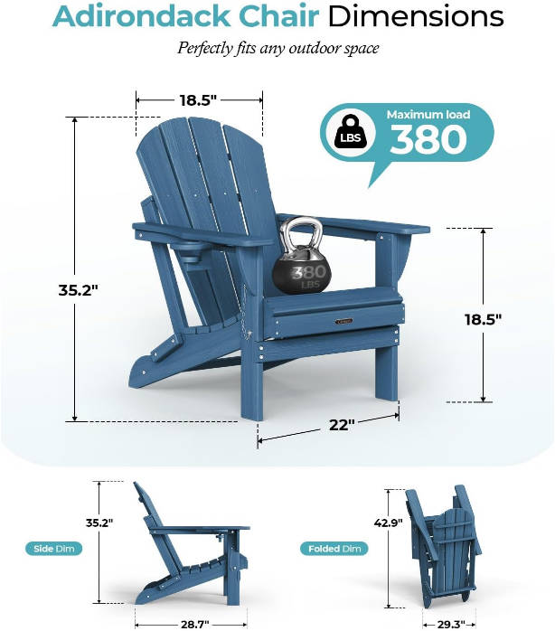 Folding Adirondack Chair Wood Texture, Patio Adirondack Chair Weather Resistant, Plastic Fire Pit Chair with Cup Holder, Lawn Chair for Outdoor Porch Garden Backyard Deck (Navy Blue)