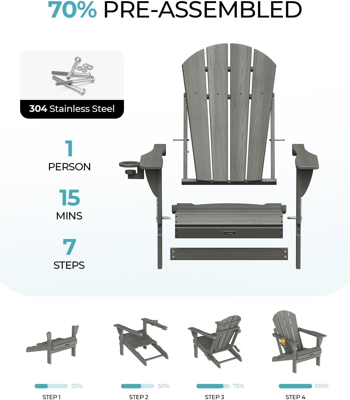 Folding Adirondack Chair Wood Texture, Patio Chair Weather Resistant, Plastic Fire Pit Chair with Cup Holder, for Lawn Outdoor Porch Garden Backyard Deck (Grey)
