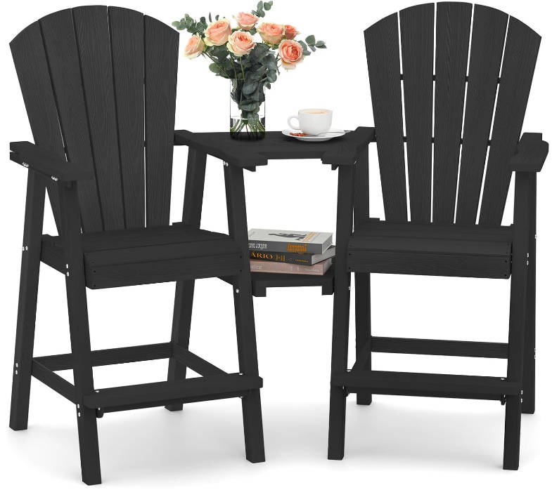 Tall Adirondack Chairs Set of 2, HDPE Outdoor Adirondack Bar Stools with Double Connecting Tray, Weather Resistant High Back Adirondack Balcony Chairs for Deck, Lawn, Pool, Backyard, Black