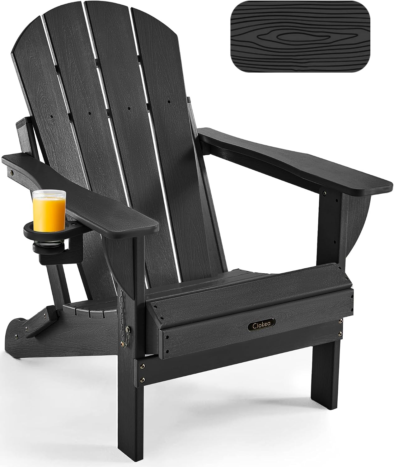 Folding Adirondack Chair Wood Texture for Patio, Weather Resistant, Plastic Fire Pit Chair with Cup Holder, Lawn Chair for Outdoor Porch Garden Backyard Deck (Black)