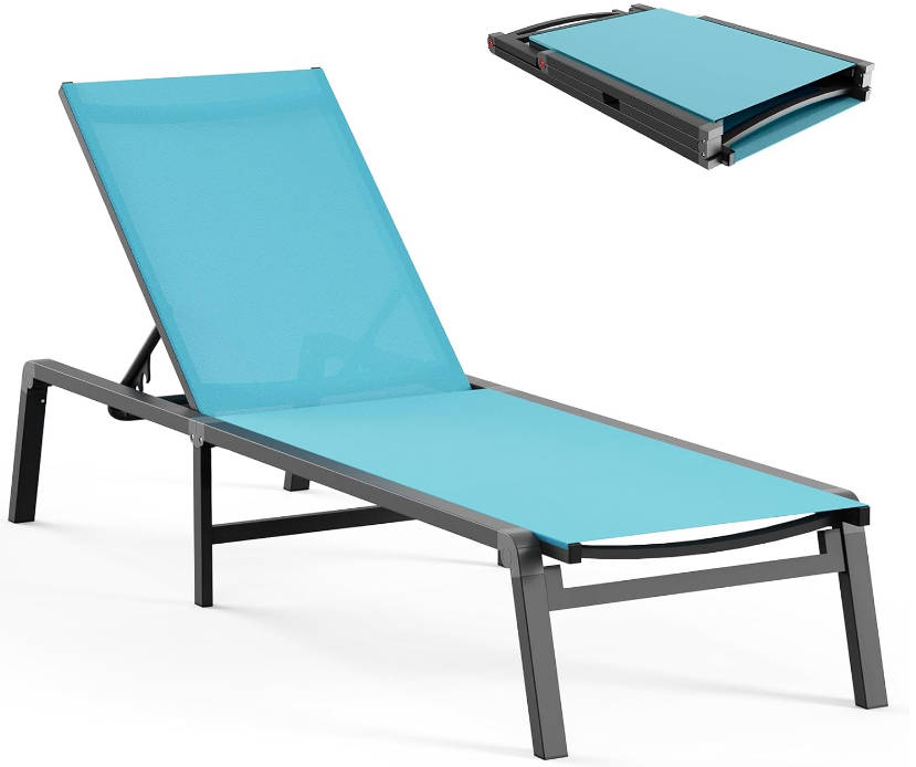 Aluminum Chaise Lounge Ourdoor - Foldable & Assemble Free Outdoor Lounge Chair with 5 Adjustable Backrest, Patio Lounge Chair for Outside Poolside Beach Pool, Lake Blue