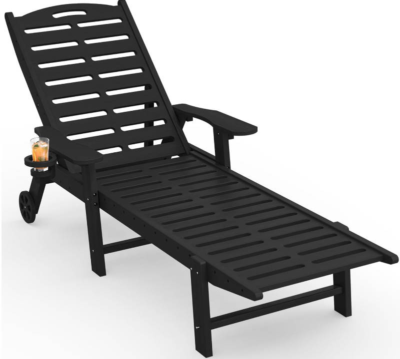 Lounge Chair Outdoor with Wheels & Cup Holder, 5-Position Adjustable Heavy Duty Patio Lounge Chair, HDPE Outdoor Chaise Lounge, 350 lbs Capacity, All Weather for Poolside, Deck, Backyard (Black)