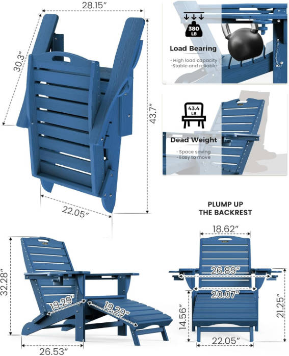 Folding Adirondack Chair with Retractable Ottoman Fire Pit Patio Chair with Pull Out Foot Rest Weather Resistant Lawn Outdoor Lounge Chair with 2 Cup Holder (Navy Blue)