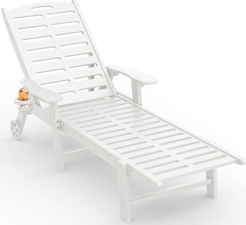 Lounge Chair Outdoor with Wheels & Cup Holder, 5-Position Adjustable Heavy Duty Patio Lounge Chair, HDPE Outdoor Chaise Lounge, 350 lbs Capacity, All Weather for Poolside, Deck, Backyard (White)