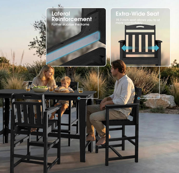 Outdoor Bar Set of 3, 60" Extra Long High Top Table with 2 Oversized Adirondack Chairs, Heavy-Duty All-Weather Bar Height Table Set Patio Bar Set for Backyard Balcony Deck, Black