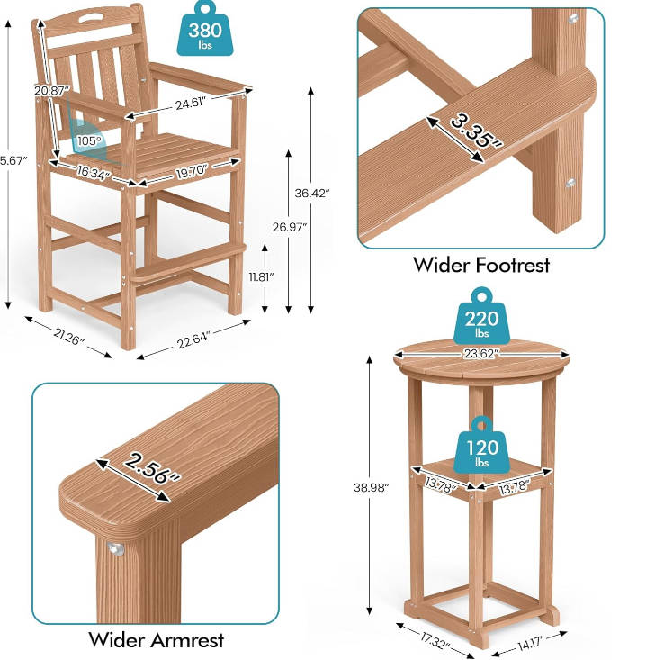 Outdoor High Top Bar Set of 3, Space-Saving Bistro Table and Chairs, All-Weather Small Bar Set with Storage Shelf, Round Table with 2 Oversized Adirondack Chairs for Balcony Deck, Teak