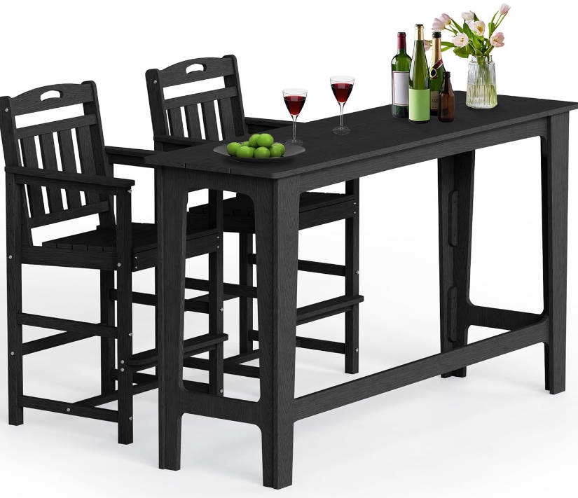 Outdoor Bar Set of 3, 60" Extra Long High Top Table with 2 Oversized Adirondack Chairs, Heavy-Duty All-Weather Bar Height Table Set Patio Bar Set for Backyard Balcony Deck, Black