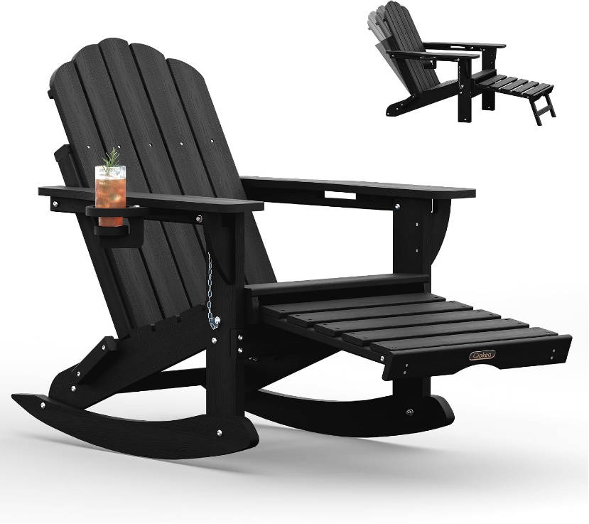 Folding Adirondack Rocking Chair with Retractable Ottoman, 4-in-1 Outdoor Adjustable Adirondack Chair with Footrest and Cup Holders, All-Weather HDPE Rocker for Porch, Patio, Poolside (Black)