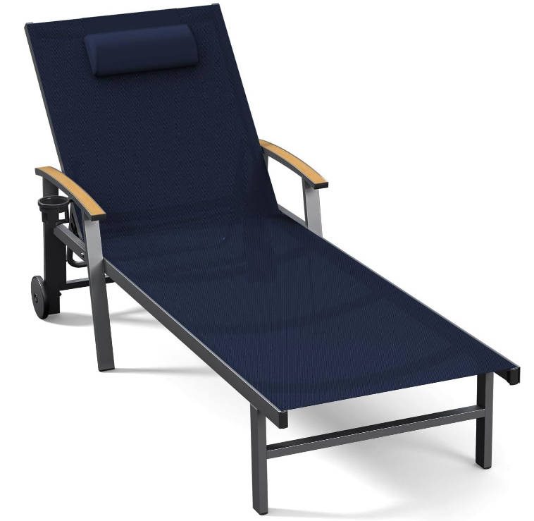 Outdoor Lounge Chair with Pillow, 5-Position Aluminum Chaise Lounge with Wheels & Armrests, 400 lbs Heavy Duty Patio Pool Chair for Deck, Backyard, Beach & Poolside, Navy Blue