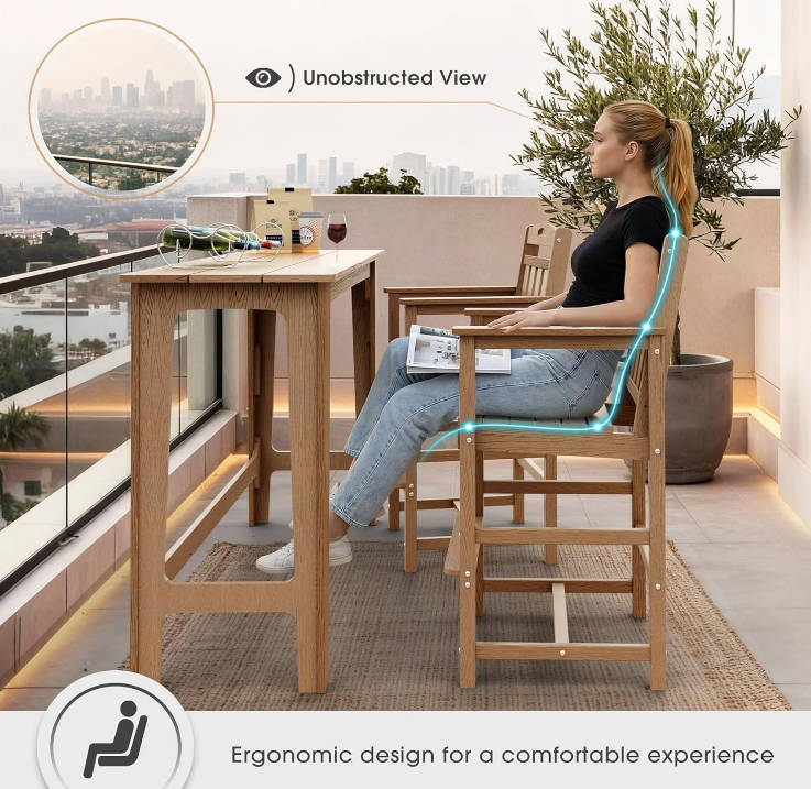 Bar Height Adirondack Chair, 380lbs Heavy Duty Tall Bar Chair Patio Stool with Arms & High Back, All-Weather Outdoor Chair for Bar Table, Balcony, Poolside, Deck and Garden, Teak