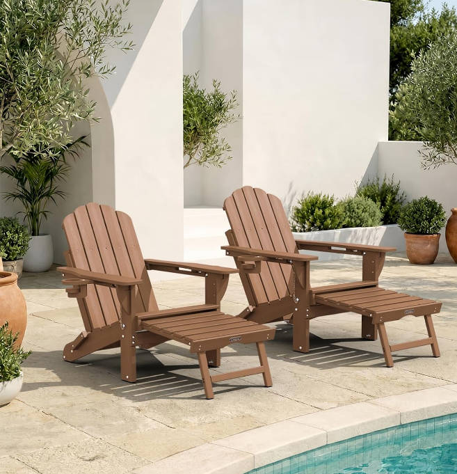 Folding Adirondack Rocking Chair with Retractable Ottoman, 4-in-1 Outdoor Adjustable Adirondack Chair with Cup Holders, All-Weather HDPE Rocker for Porch, Deck, Backyard, Patio, Poolside (Teak)