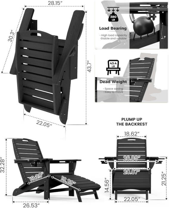  Folding Adirondack Chair with Retractable Ottoman Fire Pit Patio Chair ，Black
