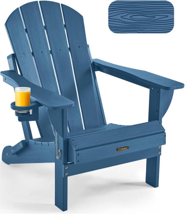 Folding Adirondack Chair Wood Texture, Patio Adirondack Chair Weather Resistant, Plastic Fire Pit Chair with Cup Holder, Lawn Chair for Outdoor Porch Garden Backyard Deck (Navy Blue)