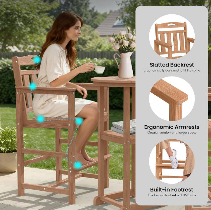 Outdoor High Top Bar Set of 3, Space-Saving Bistro Table and Chairs, All-Weather Small Bar Set with Storage Shelf, Round Table with 2 Oversized Adirondack Chairs for Balcony Deck, Teak