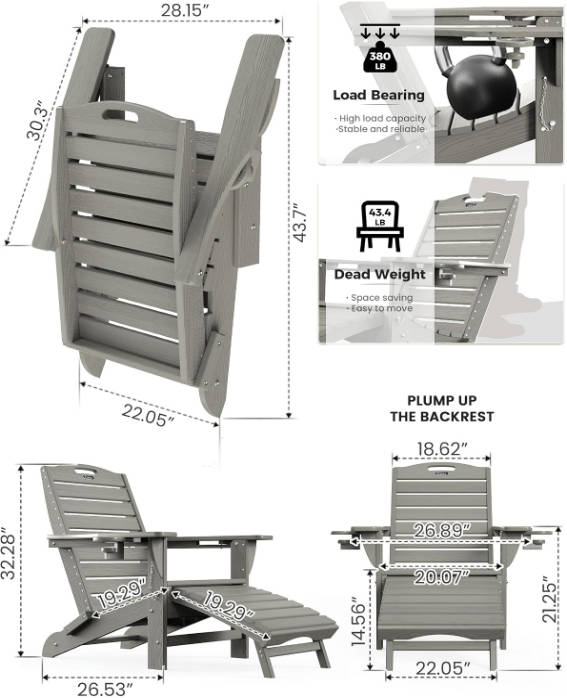 Folding Adirondack Chair with Retractable Ottoman Fire Pit Patio Chair with Pull Out Foot Rest Weather Resistant Lawn Outdoor Lounge Chair with 2 Cup Holder (Grey)