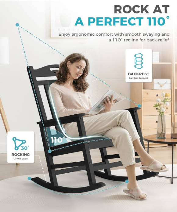 Oversized Outdoor Rocking Chair, 380lbs Heavy-Duty Large Patio Rocker, Weather Resistant & Anti-Fade Porch Chair, High Back Cozy Rocking Chair for Outside, Fire Pit, Deck, Garden, Black