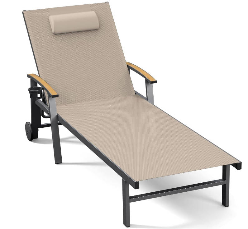 Outdoor Lounge Chair with Pillow, 5-Position Aluminum Chaise Lounge with Wheels & Armrests, 400 lbs Heavy Duty Patio Pool Chair for Deck, Backyard, Beach & Poolside, Khaki