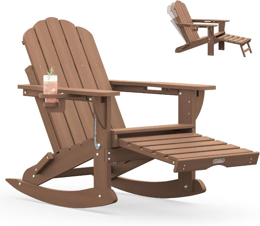 Folding Adirondack Rocking Chair with Retractable Ottoman, 4-in-1 Outdoor Adjustable Adirondack Chair with Cup Holders, All-Weather HDPE Rocker for Porch, Deck, Backyard, Patio, Poolside (Teak)