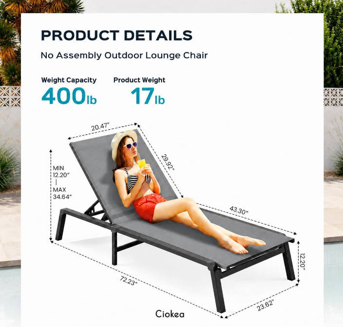 Aluminum Chaise Lounge Ourdoor - Foldable & Assemble Free Outdoor Lounge Chair with 5 Adjustable Backrest, Patio Lounge Chair for Outside Poolside Beach Pool, Grey