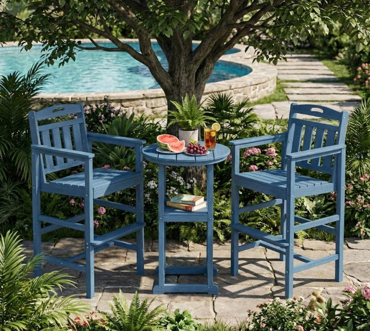 Outdoor High Top Bar Set of 3, Space-Saving Bistro Table and Chairs, All-Weather Small Bar Set with Storage Shelf, Round Table with 2 Oversized Adirondack Chairs for Balcony Deck, Navy Blue