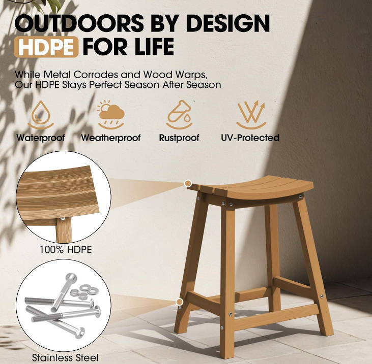2 Set 24" Outdoor Bar Stools Heavy Duty HDPE Counter Height Bar Stools Weatherproof Patio Seats Modern Waterproof BarStools for Bar Deck Balcony Kitchen Counter Yard, Teak