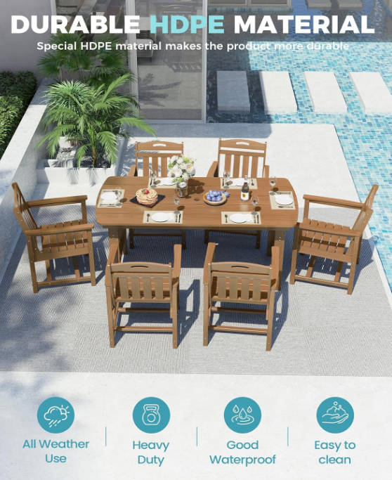 HDPE Outdoor Dining Set, 7-Piece Patio Table and Chairs Set with Umbrella Hole, All-Weather Patio Dining Sets for 6, Durable Patio Furniture for Backyard, Garden, Lawn & Poolside, Teak