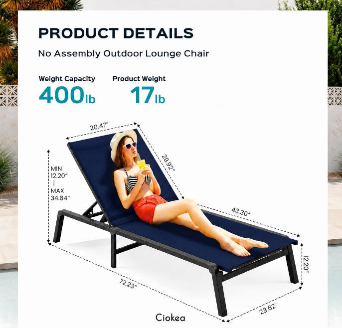 Aluminum Chaise Lounge Ourdoor - Foldable & Assemble Free Outdoor Lounge Chair with 5 Adjustable Backrest, Patio Lounge Chair for Outside Poolside Beach Pool, Navy Blue