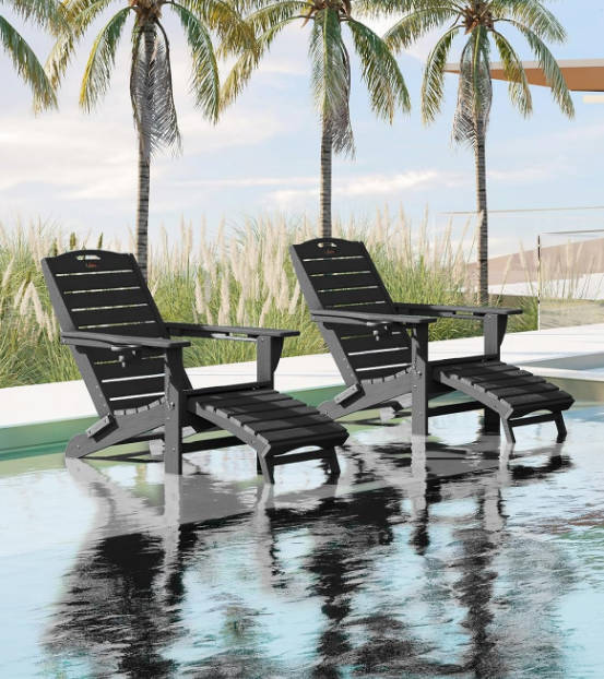  Folding Adirondack Chair with Retractable Ottoman Fire Pit Patio Chair ，Black