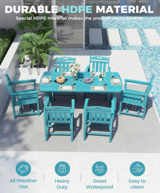 7-Piece Patio Table and Chairs Set with Umbrella Hole, All-Weather Patio Dining Sets for 6, Durable Patio Furniture for Backyard, Garden, Lawn & Poolside, Lake Blue