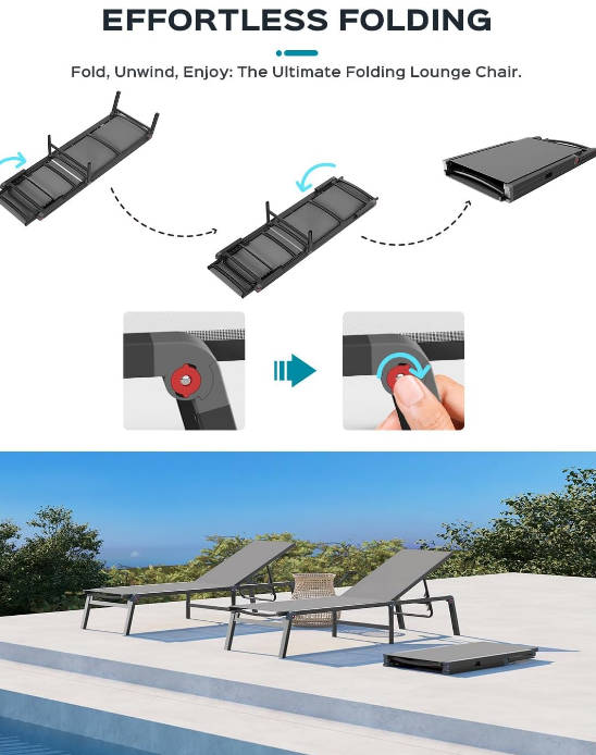Aluminum Chaise Lounge Ourdoor - Foldable & Assemble Free Outdoor Lounge Chair with 5 Adjustable Backrest, Patio Lounge Chair for Outside Poolside Beach Pool, Grey