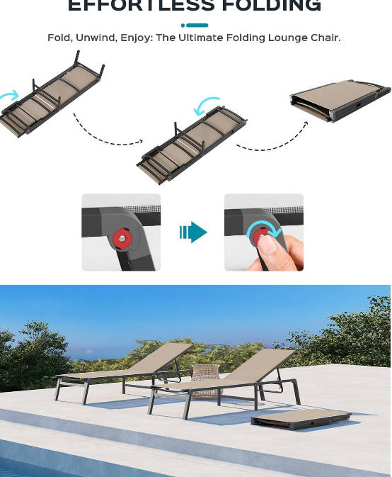 Aluminum Chaise Lounge Ourdoor - Foldable & Assemble Free Outdoor Lounge Chair with 5 Adjustable Backrest, Patio Lounge Chair for Outside Poolside Beach Pool, Khaki